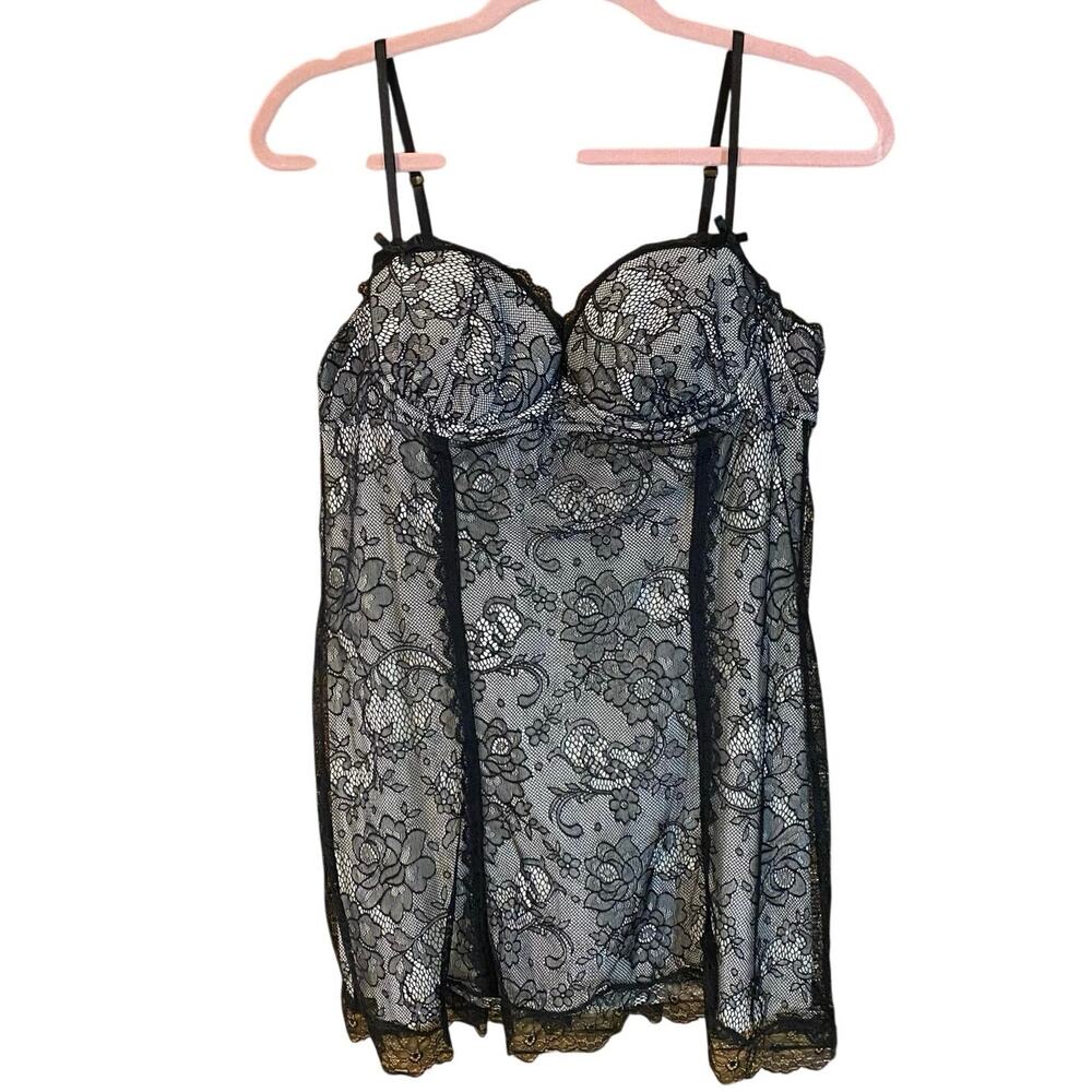 Victoria’s Secret Sexy Little Things Lace Babydoll 36C Black Nude Lingerie slip